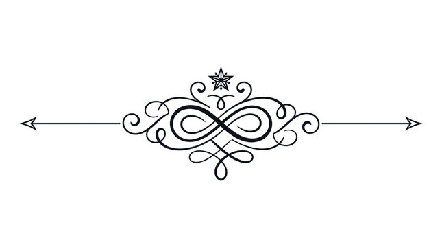 Vintage ornamental divider with infinity swirl, elegant black filigree calligraphic flourish, decorative scroll border for wedding invitations
