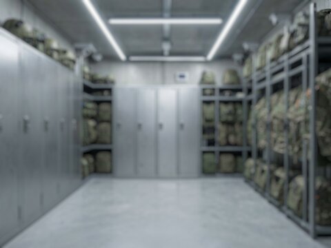 Blurred locker room with military storage cabinets and organized equipment. Perfect for armed forces and facility management backgrounds.