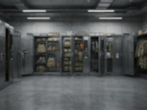 Blur image of military storage lockers inside a secure equipment room. Ideal for defense, security, and organization concepts.