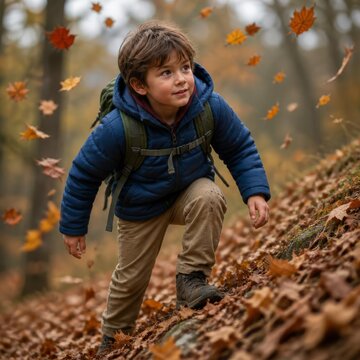 Young boy hiking through a vibrant autumn forest with falling leaves