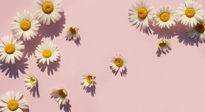 View of multiple white daisy flowers with yellow centers scattered across a soft pastel pink background, with natural sunlight shadows