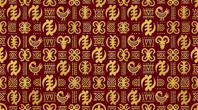 Golden african adinkra symbols pattern on maroon background