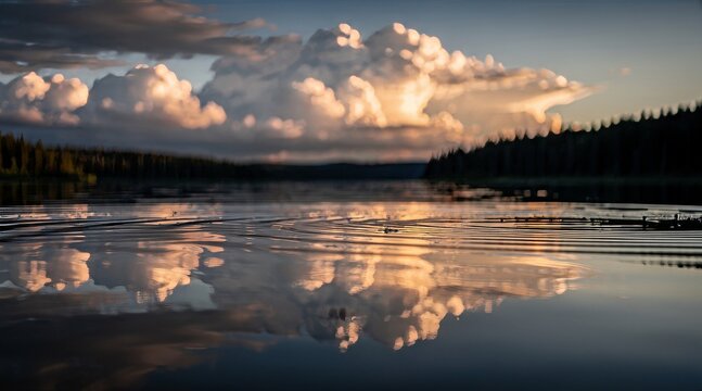 Serene lake reflections of vibrant sunset clouds and distant forest