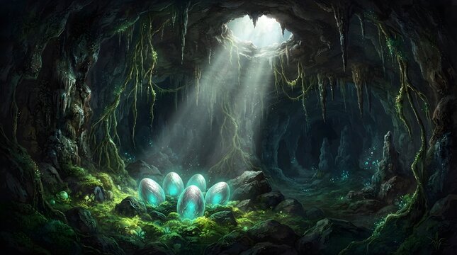 Glowing alien eggs in a hidden underground cave