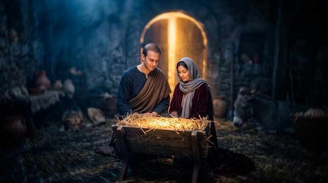 Holy family nativity scene featuring mary and joseph looking at baby jesus, glowing wooden manger with straw and rustic stable setting, symbolizing holy christmas night and divine love