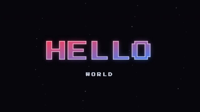 Hello world text with retro fire curtain and pixel animation