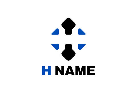 Ini adalah logo geometris berbentuk huruf 'H' dengan warna hitam dan biru di atas latar putih.