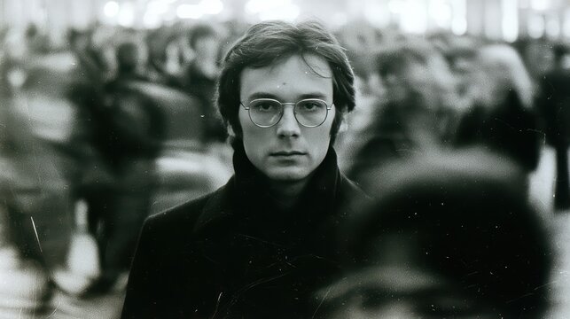 Authentic late 1970s European arthouse film, black and white 16mm transferred to worn analog VHS. No CGI or digital post processing. A young man stands perfectly still at the center of a busy city sid