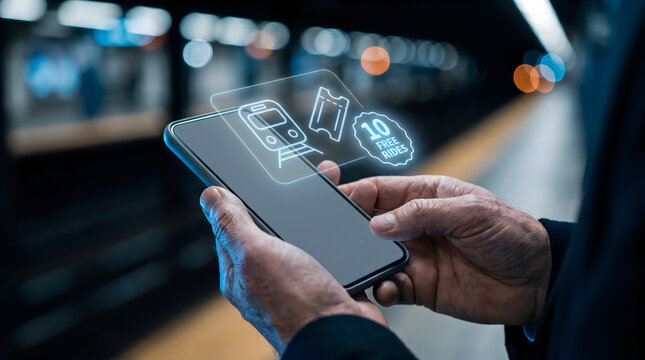 Futuristic mobile ticketing app interface, digital train ticket on smartphone, 10 free rides promotion on subway platform