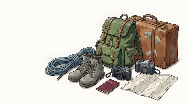 Adventure travel gear essentials featuring vintage suitcase green backpack hiking boots map cameras and rope for outdoor exploration journeys