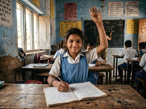 Photorealistic lifestyle documentary photograph of a happy Indian rural schoolgirl actively participating in class wearing a simple faded blue school pinafore with white shirt sitting at a weathered w