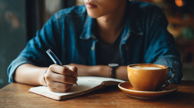 Person jotting down notes in a notebook while enjoying a cup of coffee at a charming cafe with a rustic wooden table