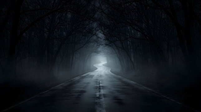Dark winding road through a foggy forest at night