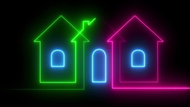 Abstract Digital Real Estate: Green and Pink Glowing House Wireframe, Two Neon Homes Outline Loop | Futuristic Architecture and Property Concept.