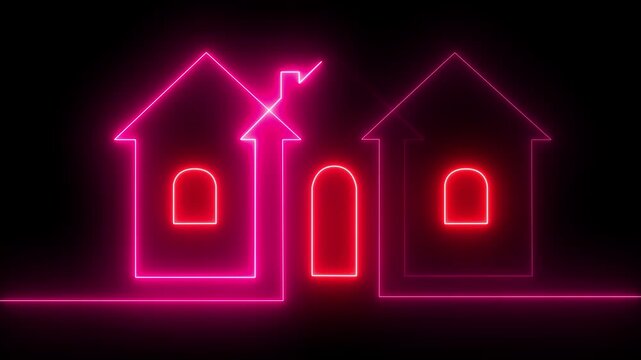 Abstract Digital Real Estate: Green and Pink Glowing House Wireframe, Two Neon Homes Outline Loop | Futuristic Architecture and Property Concept.