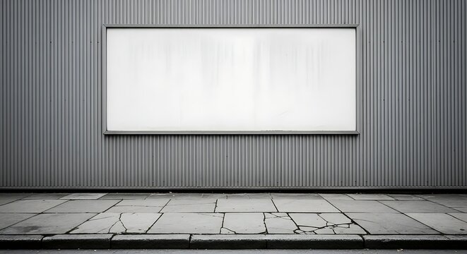A large empty horizontal billboard frame hangs on a gray corrugated metallic wall above a cracked concrete pavement sidewalk located in an urban industrial area ready for your own custom message
