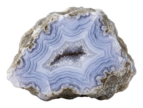 Rough blue agate geode displaying intricate concentric bands and sparkling druzy isolated transparent background image