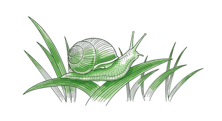 Detailed hand drawn illustration of snail crawling on green blades of grass against plain white background. © MD