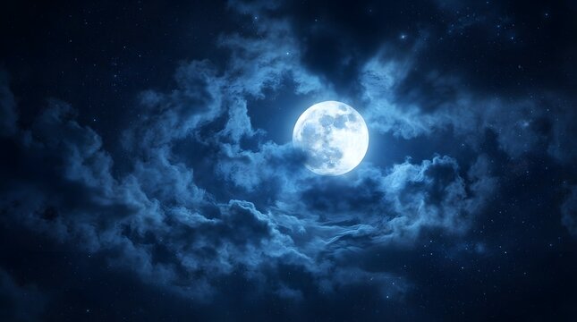 Full moon in a cloudy night sky