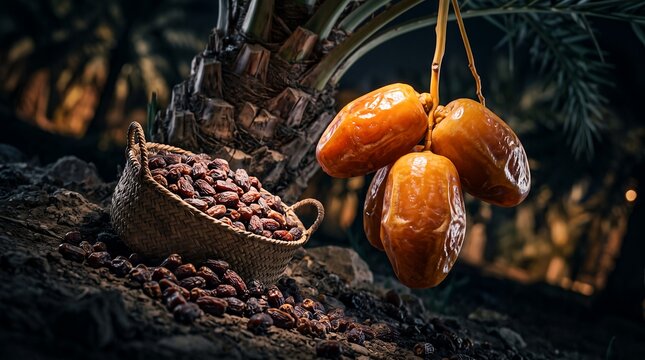 Fresh date palm fruits showcasing ripe golden dates, a woven basket with dried fruits and dark tropical foliage, symbolizing ramadan traditions and organic healthy eating