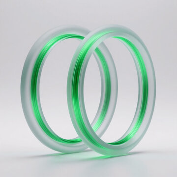Sustainable green energy grid: interlocking frosted glass torus rings with glowing emerald optical stream
