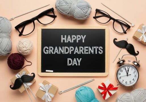 Happy grandparents day greeting card with yarn and gifts