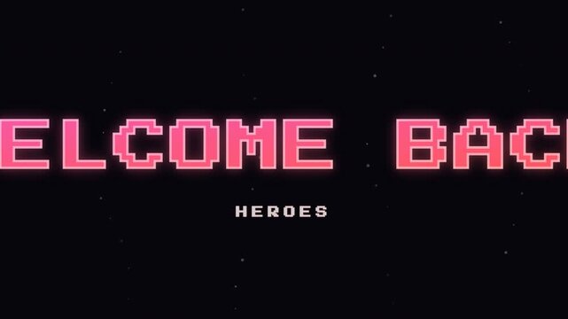 Welcome back text in a retro pixelated style with acid curtain effect