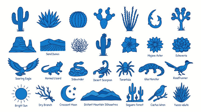 Blue desert icons set of wild animals plants and landscape elements