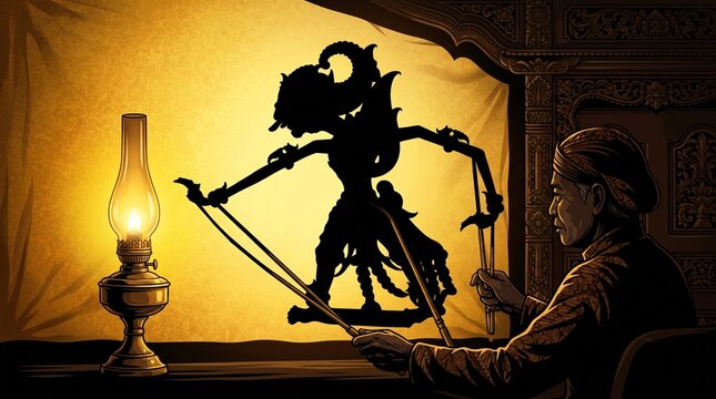 Traditional Indonesian Wayang Puppet Performance with Shadow Silhouette and Oil Lamp