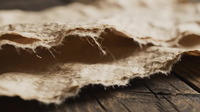 Close-up of torn brown textured paper with frayed edges and wooden surface background