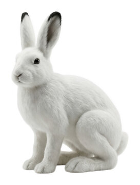 Soft white arctic hare with black tipped ears sitting in profile isolated transparent background image