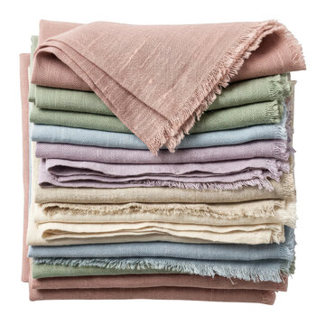 Stacked pastel linen napkins with frayed edges for elegant table settings isolated transparent background image