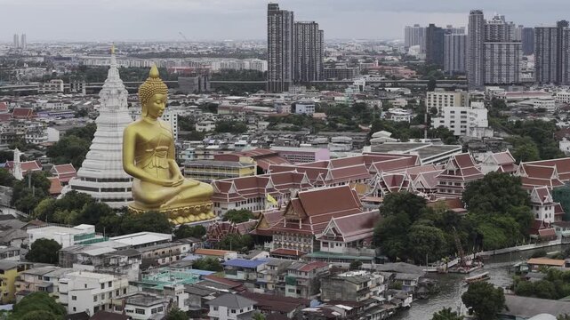 An aerial view of Wat Paknam Phasi Charoen with modern office building travel in Bangkok Thailand