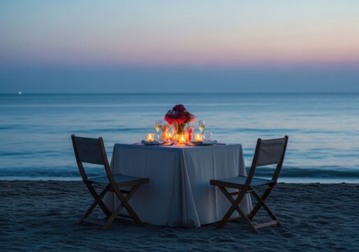 Romantic dinner table on the beach at sunset