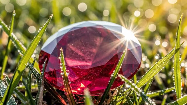 Shining red ruby gemstone resting in fresh green grass with dew droplets, sun flare