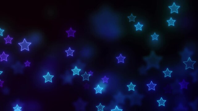 Floating glowing blue star particles motion background with shimmering bokeh lights for digital celebration or festive holiday design projects