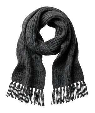 Textured dark grey knitted wool scarf with fringe tassel tied for winter isolated transparent background image