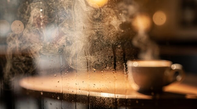Steamy window with raindrops and a warm cup of coffee on a rainy day