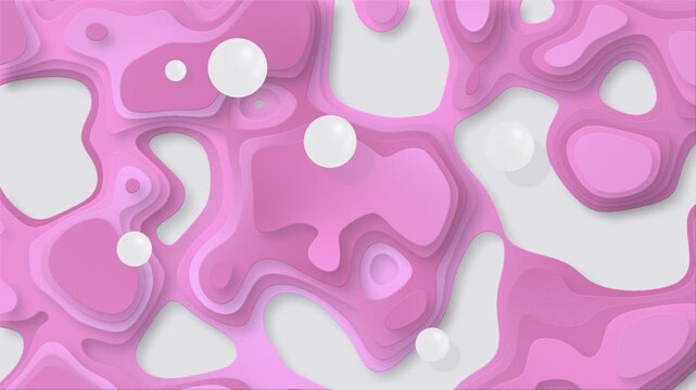 Abstract pink paper cut background, white 3D spheres floating, modern fluid topographic design