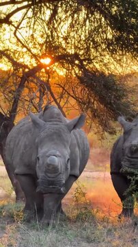 "Two wild rhinoceroses walking through the savanna during a beautiful golden sunset"