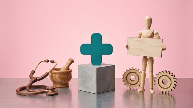 Creative wooden figure holding puzzle piece with medical stethoscope, mortar, gears, and plus symbol