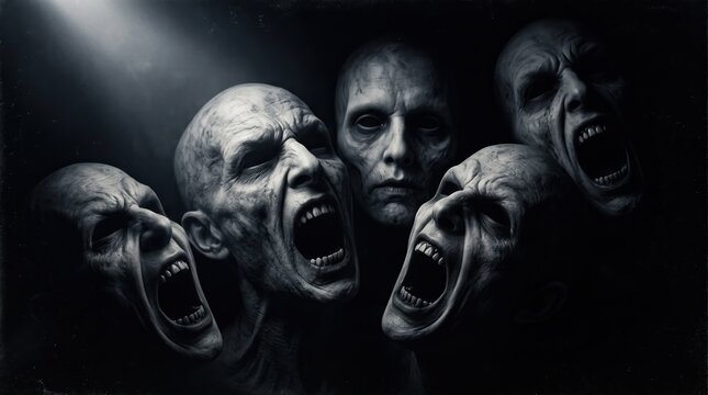 Five grotesque screaming faces in dark horror digital art composition with dramatic lighting