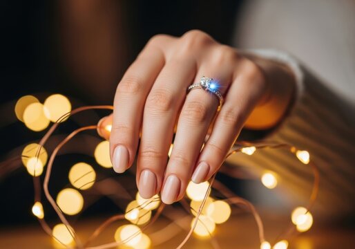 Woman wearing a diamond engagement ring with fairy lights