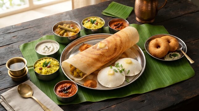 South indian breakfast meal with dosa and idli on banana leaf