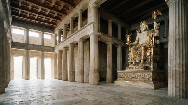 Ancient Roman Temple Interior with Grand Statue and Columns.