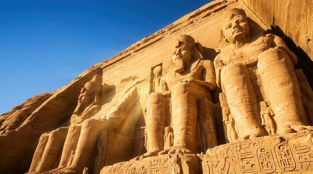 Ancient Egyptian Colossal Statues of Ramses II at Abu Simbel Temple.