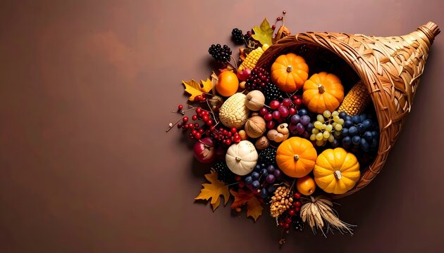 Abundant harvest bounty overflowing from a woven cornucopia on brown background