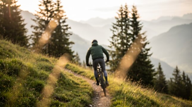 Mountain biker riding on a scenic trail showcasing downhill cycling, alpine forest scenery and golden hour sunlight, representing outdoor adventure and active lifestyle