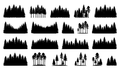 Fototapeta premium Collection of Forest Tree Silhouettes, Woodland Landscape Elements and Evergreen Trees Isolated on White Background