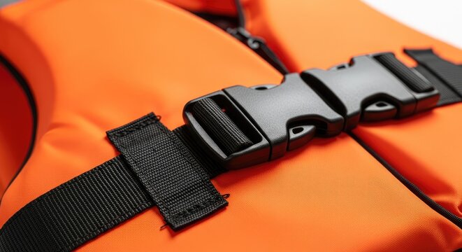 Close-up of Orange Life Vest Buckle and Strap Detail.